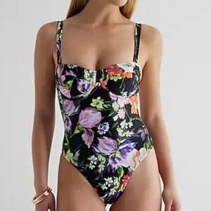 Express balconette convertible body contour one piece swimsuit black floral L